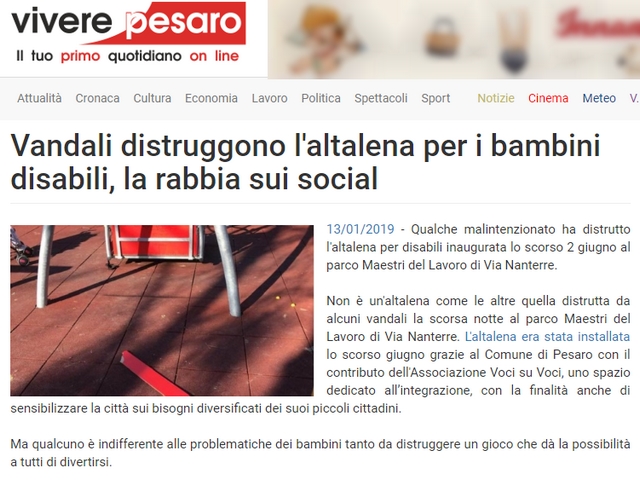 Pesaro: danneggiata altalena per disabili