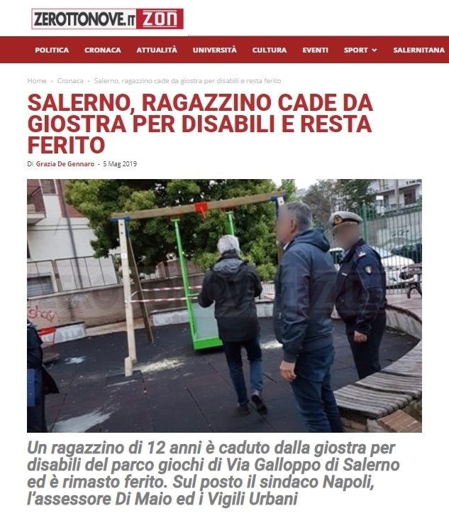 Salerno, incidente con l’altalena per disabili