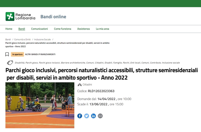 Lombardia: bando per la realizzazione e adeguamento parchi gioco inclusivi